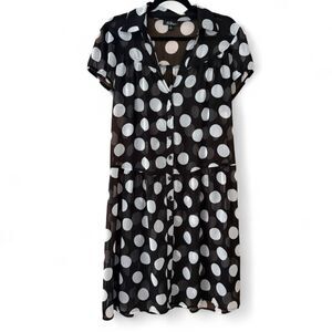 AGB Sheer Black & White Polka Dot Button-Up Shift Dress, Retro Cap Sleeve sz 16